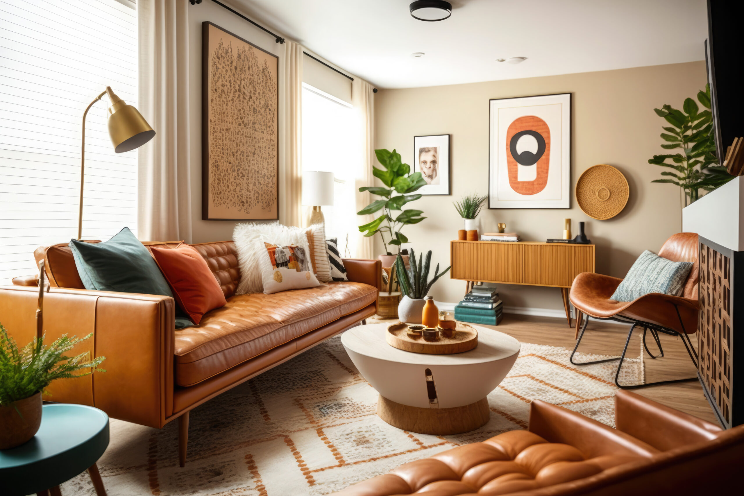 living room mid century style with warm colors. ai generative