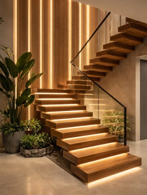 modern wooden staircase with vertical led wall lighting design 2026 luxury contemporary stair