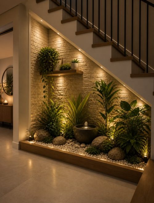 under stairs indoor garden with warm lighting – modern zen home design